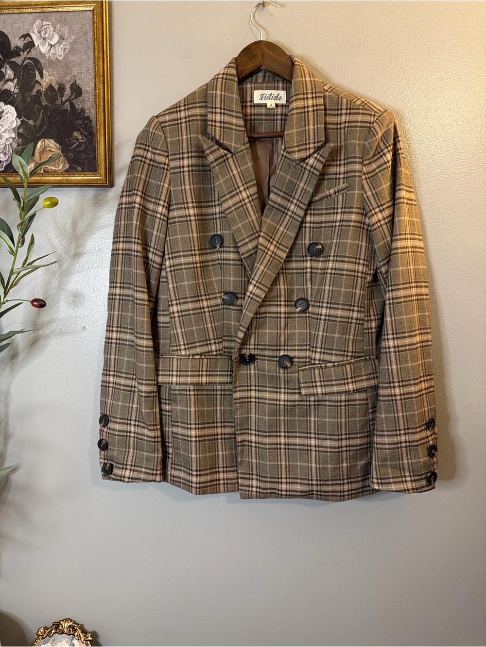 Listicle Plaid Double Breasted Blazer S Brown Academia Equestrian Preppy - Picture 3 of 8